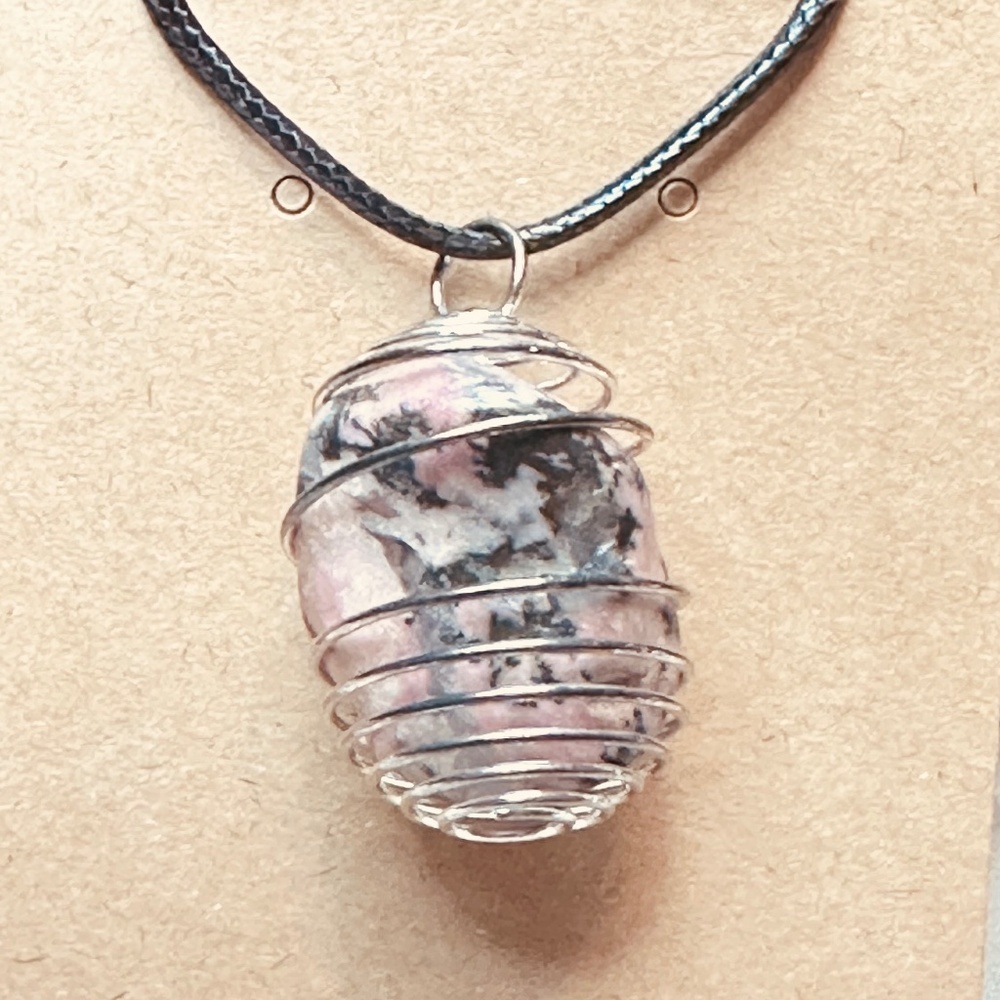 925 Sterling Silver Plated Rhodonite Stone/Crystal in Spiral Wire Wrapped Cage